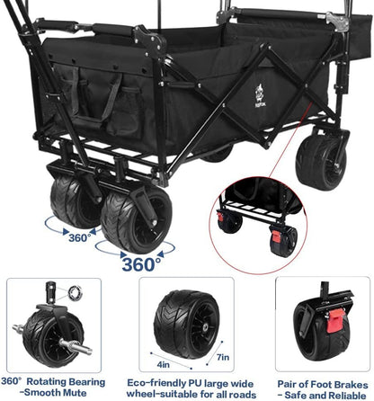 Collapsible Wagon Heavy Duty Folding Wagon Cart with Removable Canopy, 4" Wide Large All Terrain Wheels, Brake, Adjustable Handles,Cooler Bag Utility Carts for Outdoor Garden Beach - Renee Lane Company