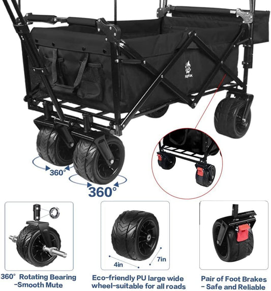 Collapsible Wagon Heavy Duty Folding Wagon Cart with Removable Canopy, 4" Wide Large All Terrain Wheels, Brake, Adjustable Handles,Cooler Bag Utility Carts for Outdoor Garden Beach - Renee Lane Company