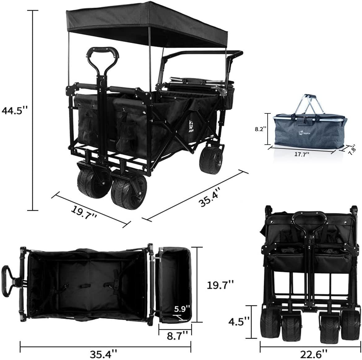 Collapsible Wagon Heavy Duty Folding Wagon Cart with Removable Canopy, 4" Wide Large All Terrain Wheels, Brake, Adjustable Handles,Cooler Bag Utility Carts for Outdoor Garden Beach - Renee Lane Company