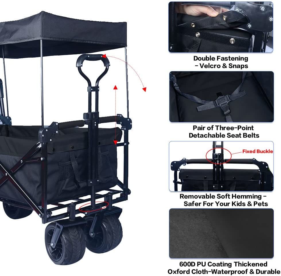 Collapsible Wagon Heavy Duty Folding Wagon Cart with Removable Canopy, 4" Wide Large All Terrain Wheels, Brake, Adjustable Handles,Cooler Bag Utility Carts for Outdoor Garden Beach - Renee Lane Company