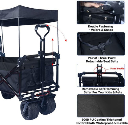 Collapsible Wagon Heavy Duty Folding Wagon Cart with Removable Canopy, 4" Wide Large All Terrain Wheels, Brake, Adjustable Handles,Cooler Bag Utility Carts for Outdoor Garden Beach - Renee Lane Company