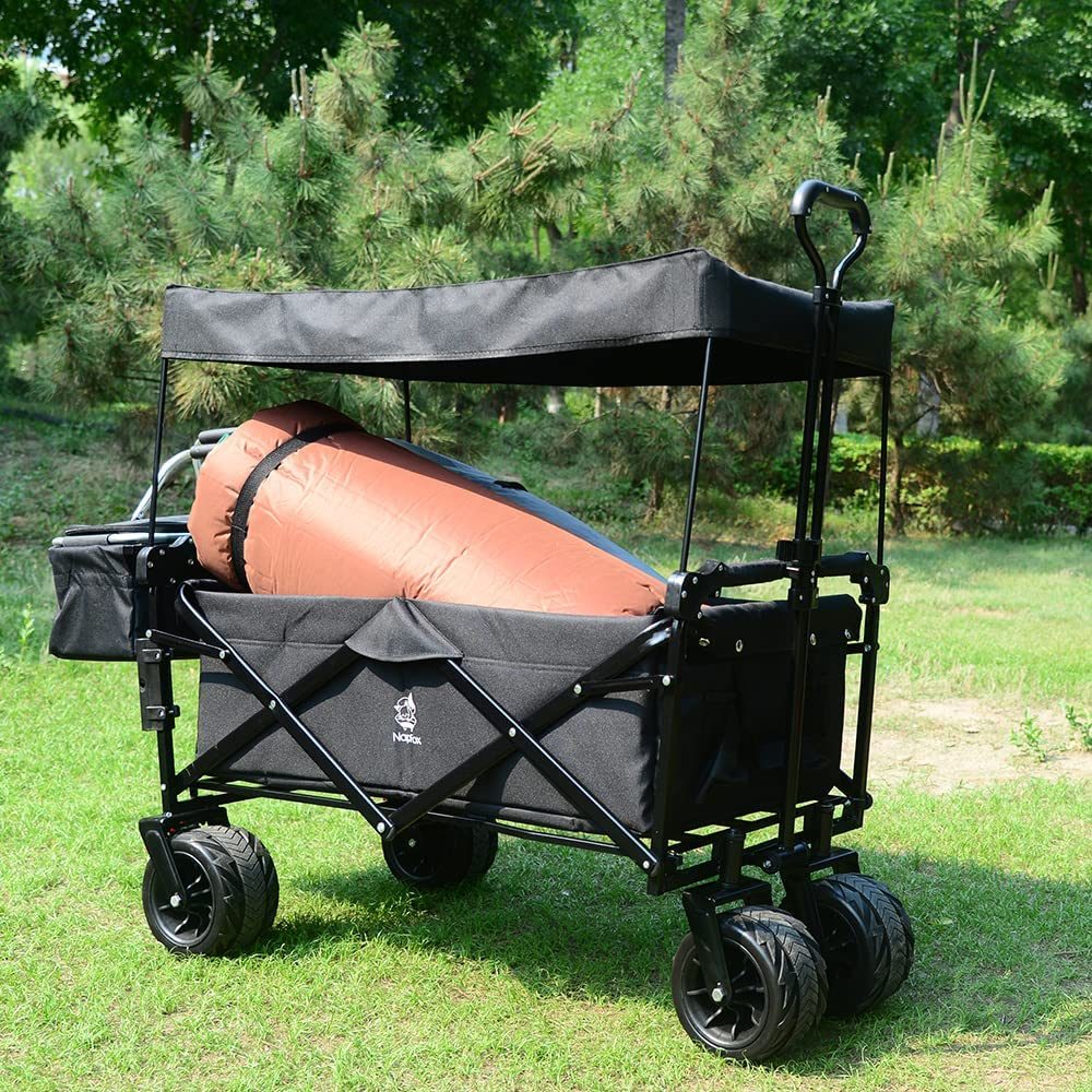 Collapsible Wagon Heavy Duty Folding Wagon Cart with Removable Canopy, 4" Wide Large All Terrain Wheels, Brake, Adjustable Handles,Cooler Bag Utility Carts for Outdoor Garden Beach - Renee Lane Company