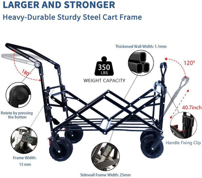 Collapsible Wagon Heavy Duty Folding Wagon Cart with Removable Canopy, 4" Wide Large All Terrain Wheels, Brake, Adjustable Handles,Cooler Bag Utility Carts for Outdoor Garden Beach - Renee Lane Company