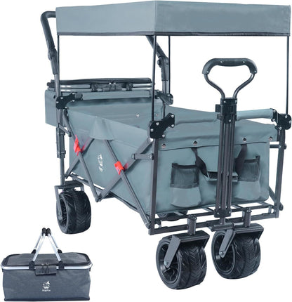 Collapsible Wagon Heavy Duty Folding Wagon Cart with Removable Canopy, 4" Wide Large All Terrain Wheels, Brake, Adjustable Handles,Cooler Bag Utility Carts for Outdoor Garden Beach - Renee Lane Company