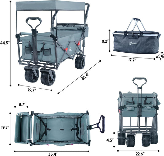 Collapsible Wagon Heavy Duty Folding Wagon Cart with Removable Canopy, 4" Wide Large All Terrain Wheels, Brake, Adjustable Handles,Cooler Bag Utility Carts for Outdoor Garden Beach - Renee Lane Company