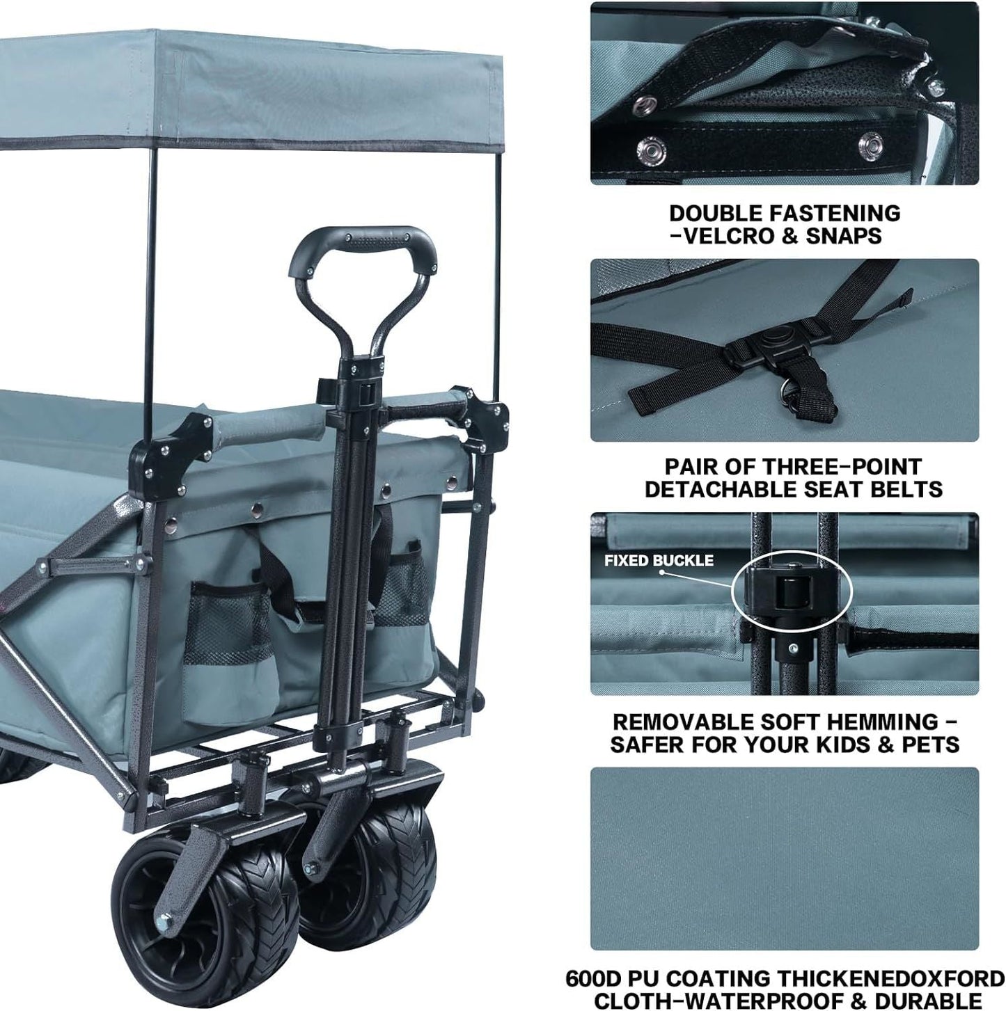 Collapsible Wagon Heavy Duty Folding Wagon Cart with Removable Canopy, 4" Wide Large All Terrain Wheels, Brake, Adjustable Handles,Cooler Bag Utility Carts for Outdoor Garden Beach - Renee Lane Company
