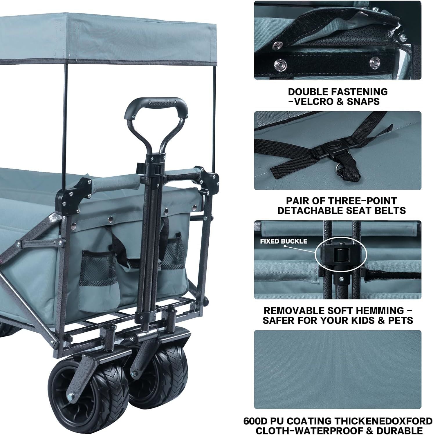 Collapsible Wagon Heavy Duty Folding Wagon Cart with Removable Canopy, 4" Wide Large All Terrain Wheels, Brake, Adjustable Handles,Cooler Bag Utility Carts for Outdoor Garden Beach - Renee Lane Company