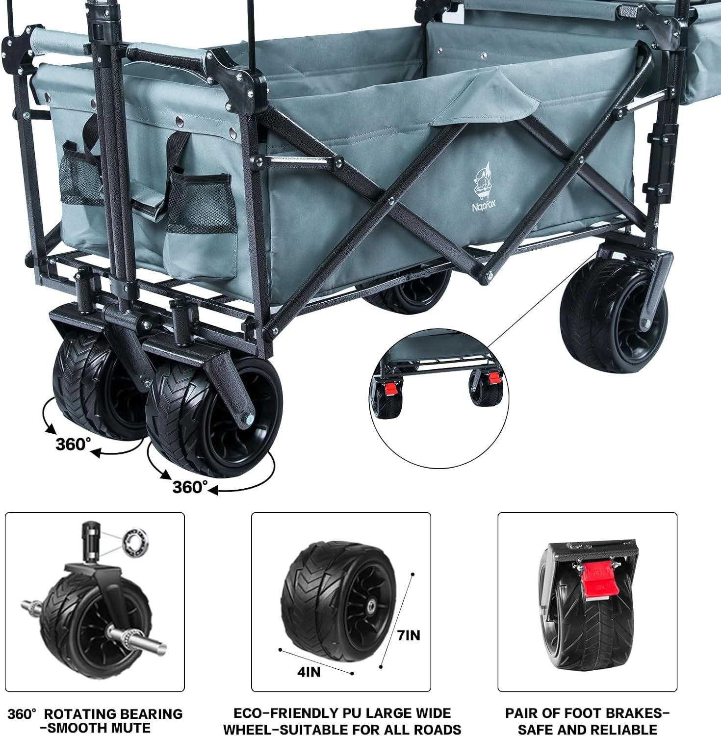 Collapsible Wagon Heavy Duty Folding Wagon Cart with Removable Canopy, 4" Wide Large All Terrain Wheels, Brake, Adjustable Handles,Cooler Bag Utility Carts for Outdoor Garden Beach - Renee Lane Company