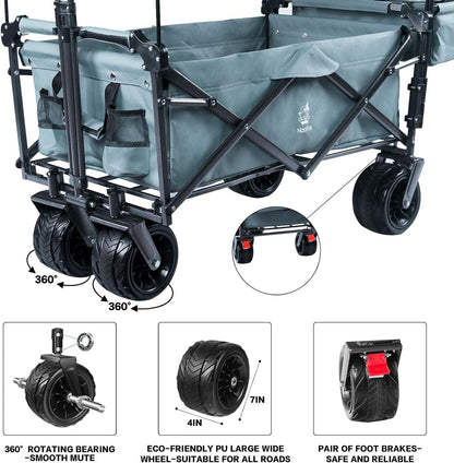 Collapsible Wagon Heavy Duty Folding Wagon Cart with Removable Canopy, 4" Wide Large All Terrain Wheels, Brake, Adjustable Handles,Cooler Bag Utility Carts for Outdoor Garden Beach - Renee Lane Company