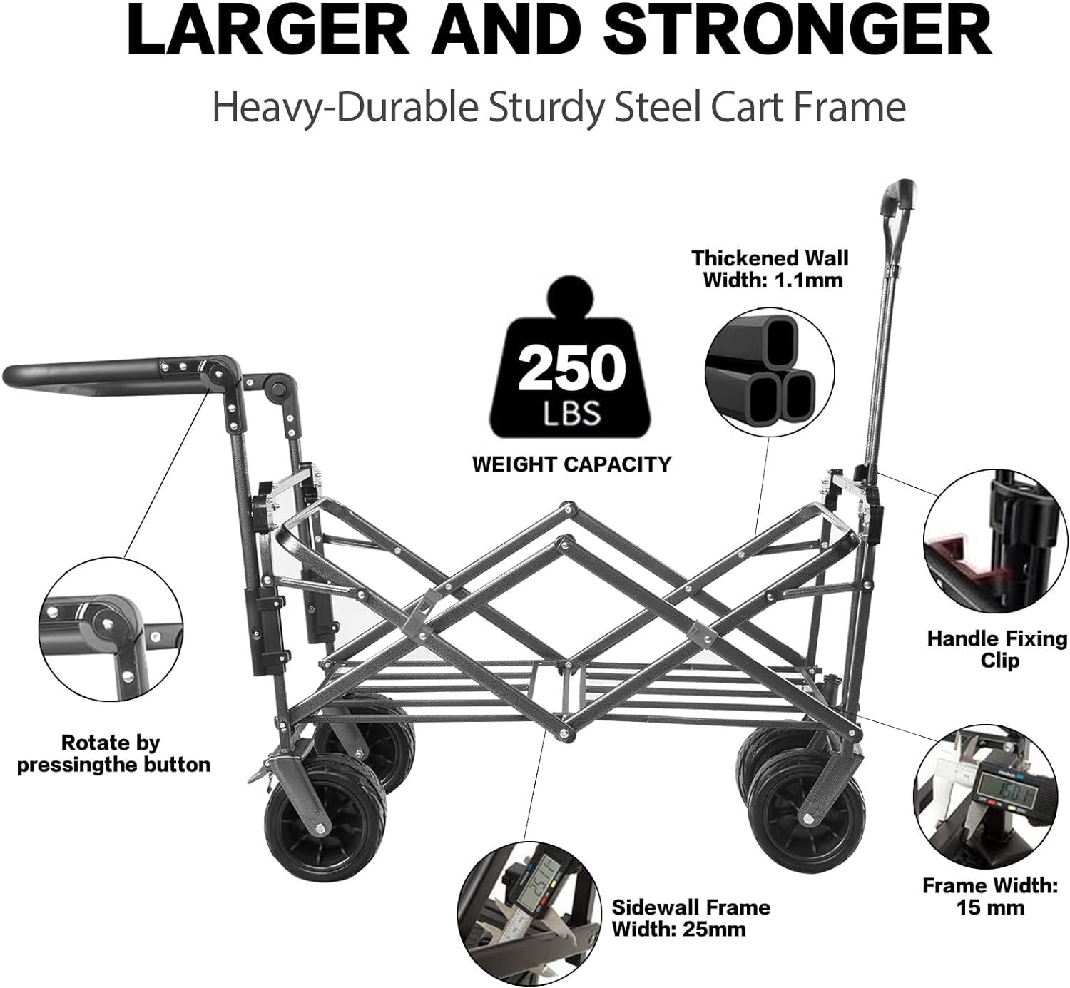Collapsible Wagon Heavy Duty Folding Wagon Cart with Removable Canopy, 4" Wide Large All Terrain Wheels, Brake, Adjustable Handles,Cooler Bag Utility Carts for Outdoor Garden Beach - Renee Lane Company