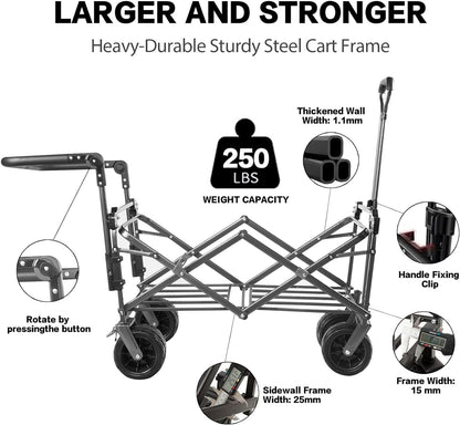 Collapsible Wagon Heavy Duty Folding Wagon Cart with Removable Canopy, 4" Wide Large All Terrain Wheels, Brake, Adjustable Handles,Cooler Bag Utility Carts for Outdoor Garden Beach - Renee Lane Company