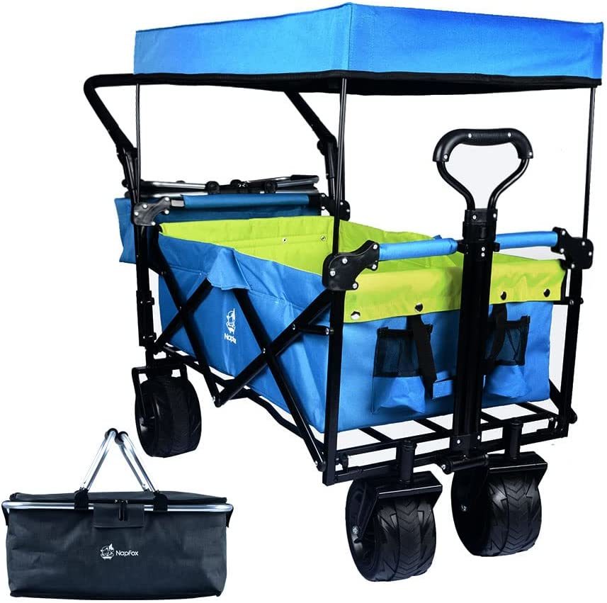 Collapsible Wagon Heavy Duty Folding Wagon Cart with Removable Canopy, 4" Wide Large All Terrain Wheels, Brake, Adjustable Handles,Cooler Bag Utility Carts for Outdoor Garden Beach - Renee Lane Company