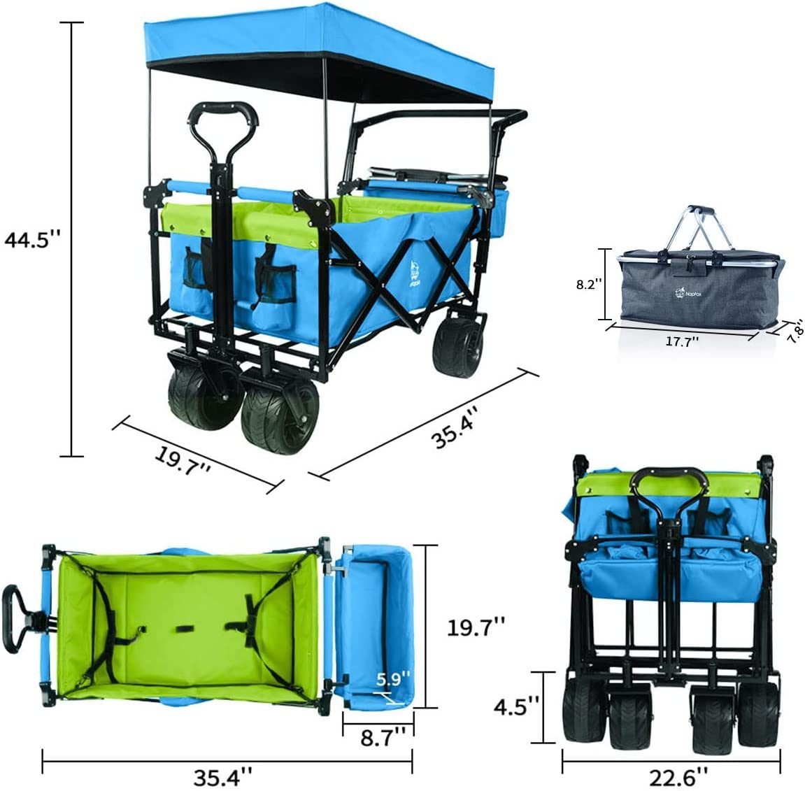 Collapsible Wagon Heavy Duty Folding Wagon Cart with Removable Canopy, 4" Wide Large All Terrain Wheels, Brake, Adjustable Handles,Cooler Bag Utility Carts for Outdoor Garden Beach - Renee Lane Company