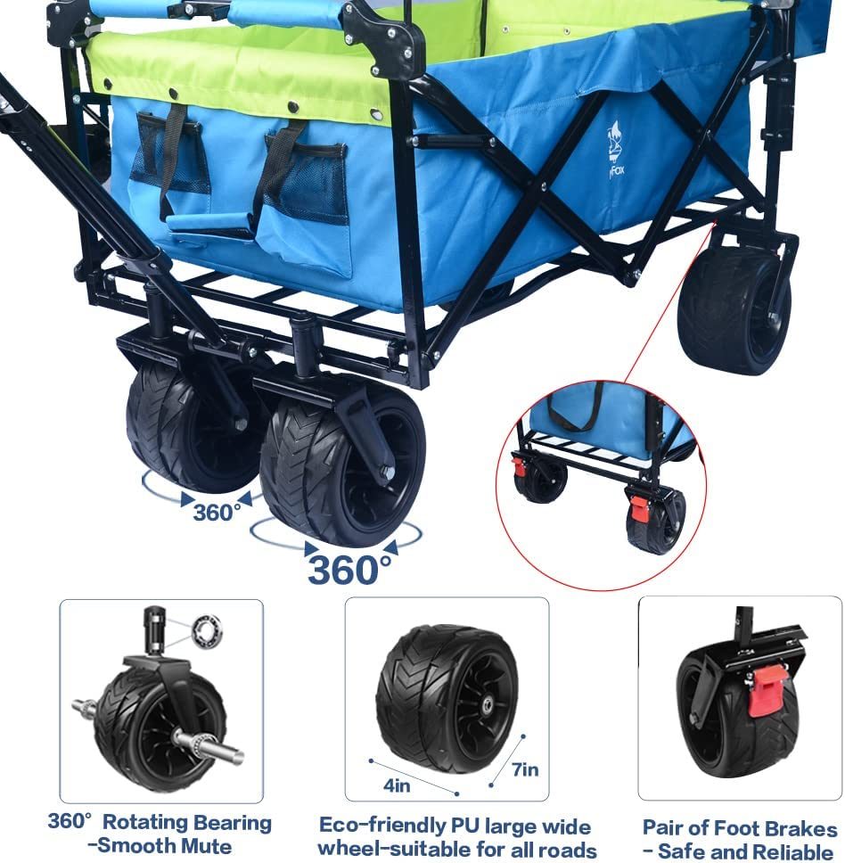 Collapsible Wagon Heavy Duty Folding Wagon Cart with Removable Canopy, 4" Wide Large All Terrain Wheels, Brake, Adjustable Handles,Cooler Bag Utility Carts for Outdoor Garden Beach - Renee Lane Company