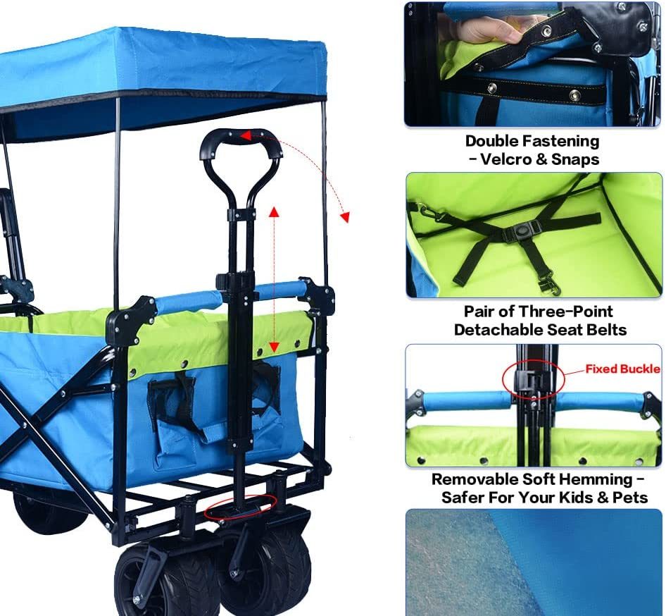 Collapsible Wagon Heavy Duty Folding Wagon Cart with Removable Canopy, 4" Wide Large All Terrain Wheels, Brake, Adjustable Handles,Cooler Bag Utility Carts for Outdoor Garden Beach - Renee Lane Company