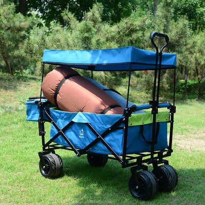 Collapsible Wagon Heavy Duty Folding Wagon Cart with Removable Canopy, 4" Wide Large All Terrain Wheels, Brake, Adjustable Handles,Cooler Bag Utility Carts for Outdoor Garden Beach - Renee Lane Company