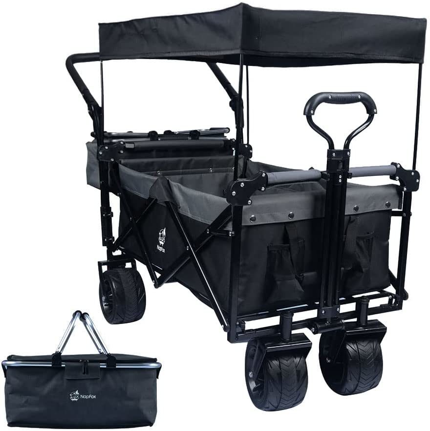 Collapsible Wagon Heavy Duty Folding Wagon Cart with Removable Canopy, 4" Wide Large All Terrain Wheels, Brake, Adjustable Handles,Cooler Bag Utility Carts for Outdoor Garden Beach - Renee Lane Company