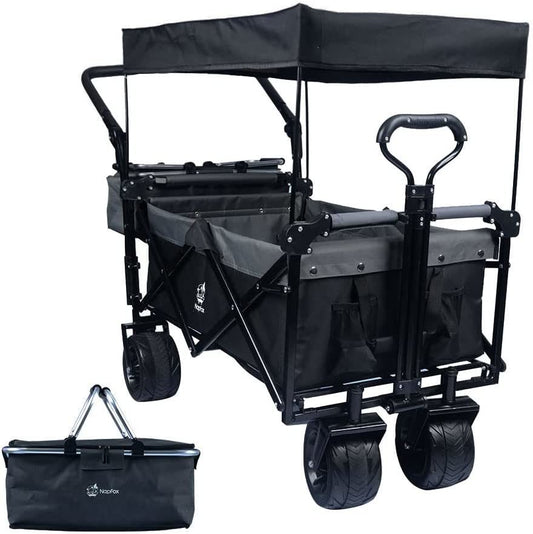 Collapsible Wagon Heavy Duty Folding Wagon Cart with Removable Canopy, 4" Wide Large All Terrain Wheels, Brake, Adjustable Handles,Cooler Bag Utility Carts for Outdoor Garden Beach - Renee Lane Company
