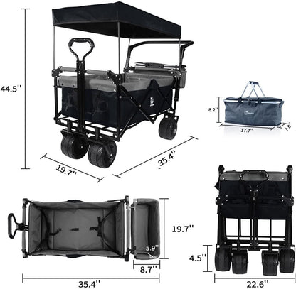 Collapsible Wagon Heavy Duty Folding Wagon Cart with Removable Canopy, 4" Wide Large All Terrain Wheels, Brake, Adjustable Handles,Cooler Bag Utility Carts for Outdoor Garden Beach - Renee Lane Company