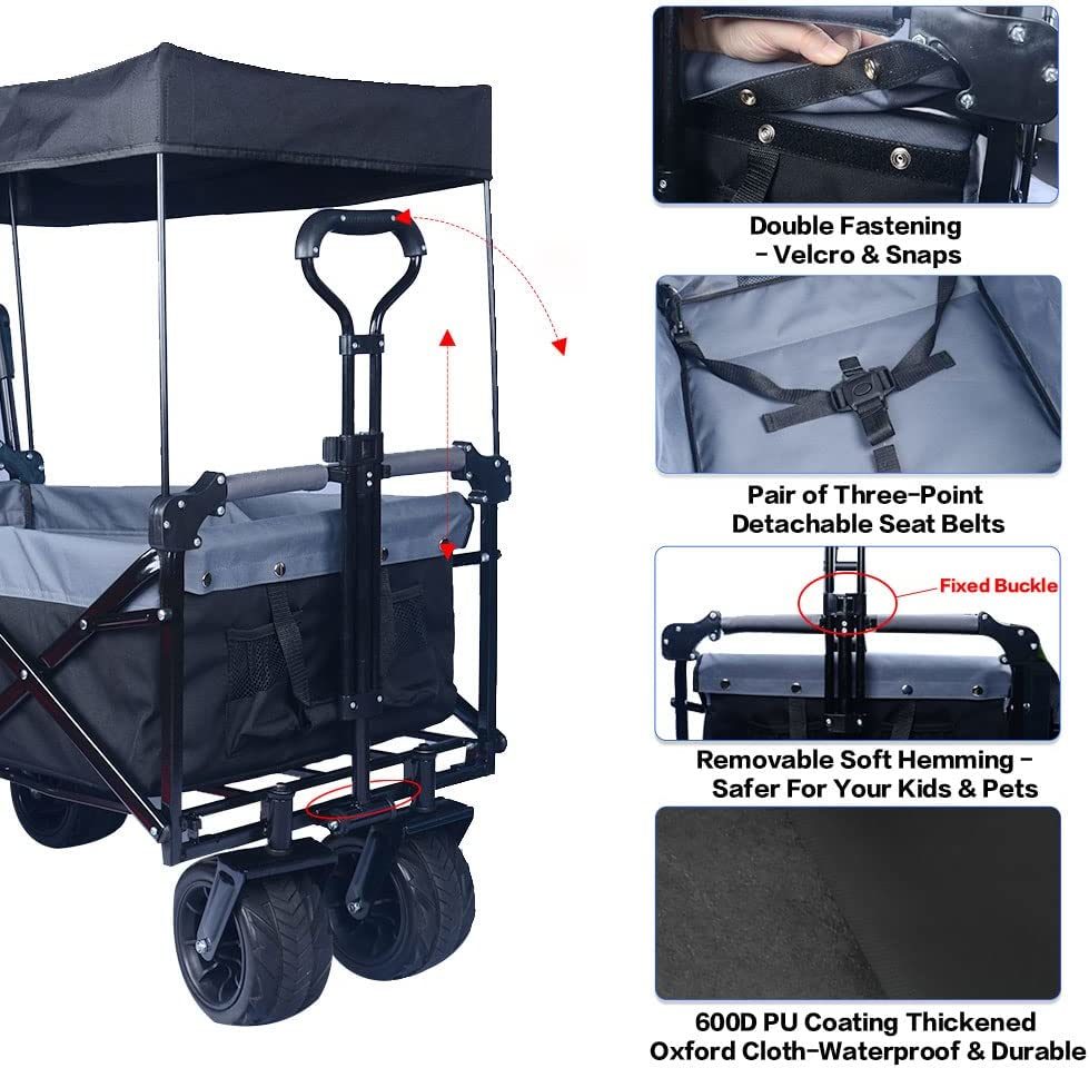 Collapsible Wagon Heavy Duty Folding Wagon Cart with Removable Canopy, 4" Wide Large All Terrain Wheels, Brake, Adjustable Handles,Cooler Bag Utility Carts for Outdoor Garden Beach - Renee Lane Company