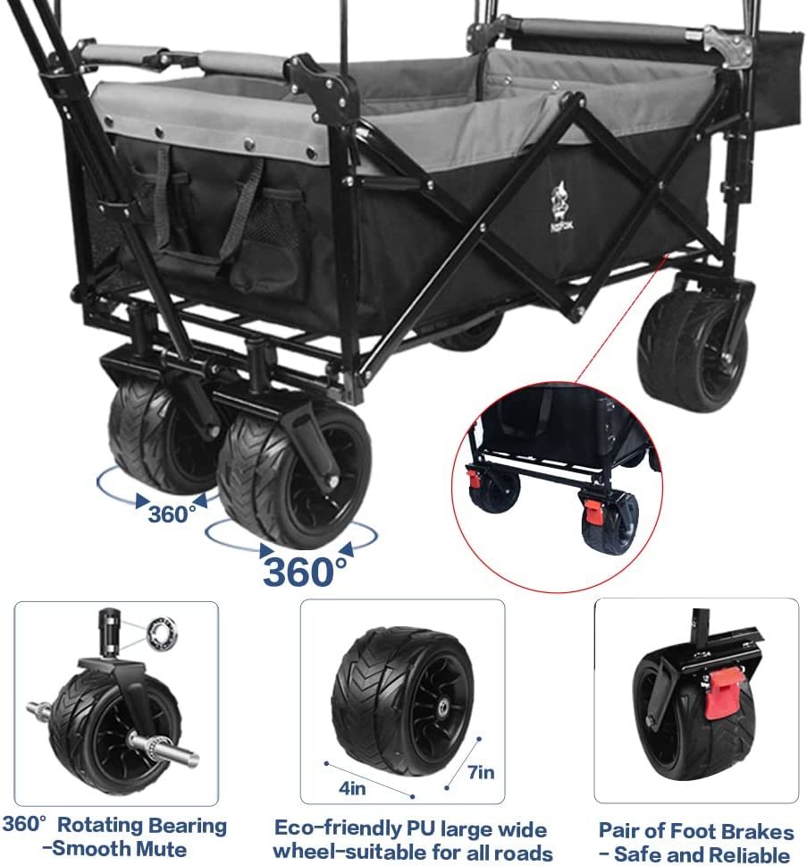 Collapsible Wagon Heavy Duty Folding Wagon Cart with Removable Canopy, 4" Wide Large All Terrain Wheels, Brake, Adjustable Handles,Cooler Bag Utility Carts for Outdoor Garden Beach - Renee Lane Company