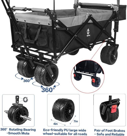 Collapsible Wagon Heavy Duty Folding Wagon Cart with Removable Canopy, 4" Wide Large All Terrain Wheels, Brake, Adjustable Handles,Cooler Bag Utility Carts for Outdoor Garden Beach - Renee Lane Company