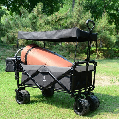 Collapsible Wagon Heavy Duty Folding Wagon Cart with Removable Canopy, 4" Wide Large All Terrain Wheels, Brake, Adjustable Handles,Cooler Bag Utility Carts for Outdoor Garden Beach - Renee Lane Company