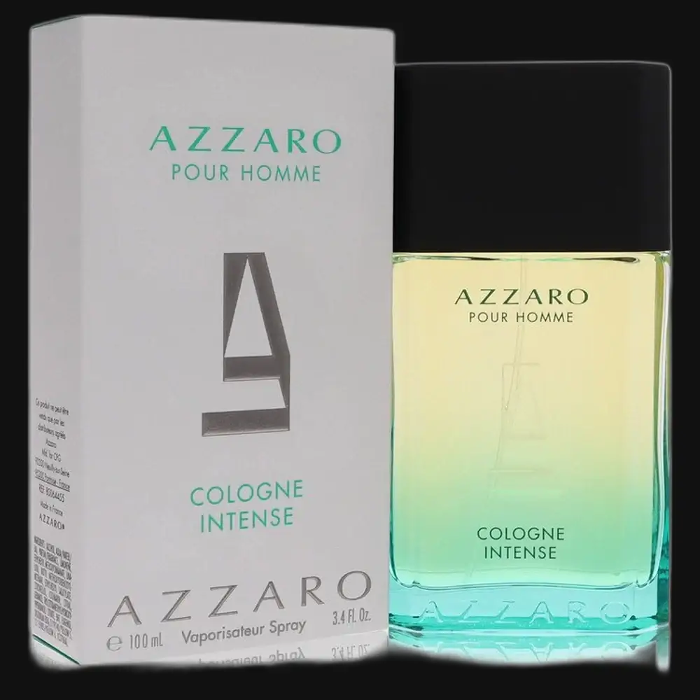 Men's Cologne Intense fragrance bottle with black cap and teal bottle base, in box