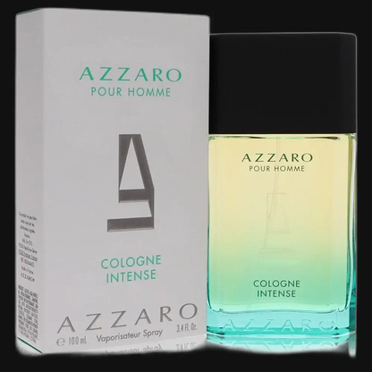 Men's Cologne Intense fragrance bottle with black cap and teal bottle base, in box