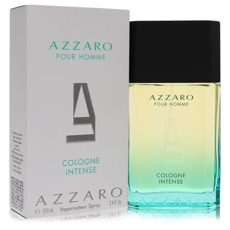 Azzaro Pour Homme Cologne Intense bottle with black cap, shown with retail box