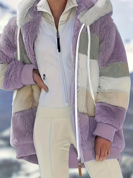 Color Block Fuzzy Fall & Winter Jacket, Casual Zip Up Hooded Long Sleeve Outerwear, Women's Clothing - Renee Lane Company