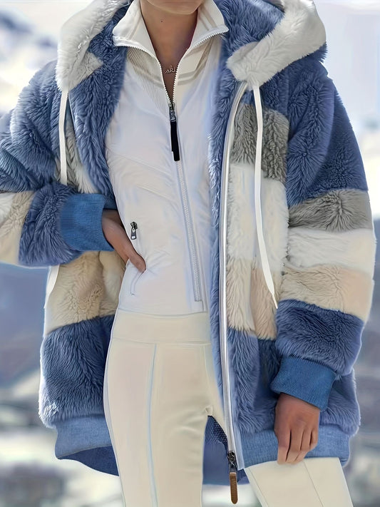 Color Block Fuzzy Fall & Winter Jacket, Casual Zip Up Hooded Long Sleeve Outerwear, Women's Clothing - Renee Lane Company