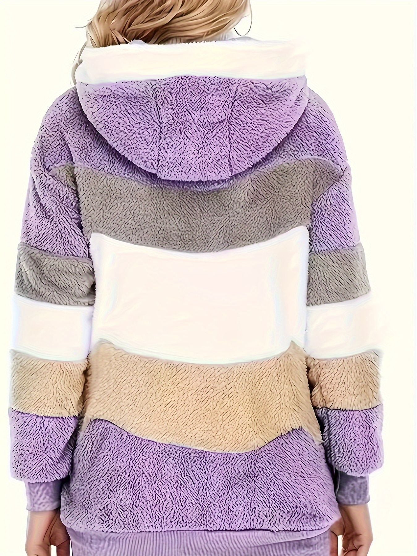 Color Block Fuzzy Fall & Winter Jacket, Casual Zip Up Hooded Long Sleeve Outerwear, Women's Clothing - Renee Lane Company