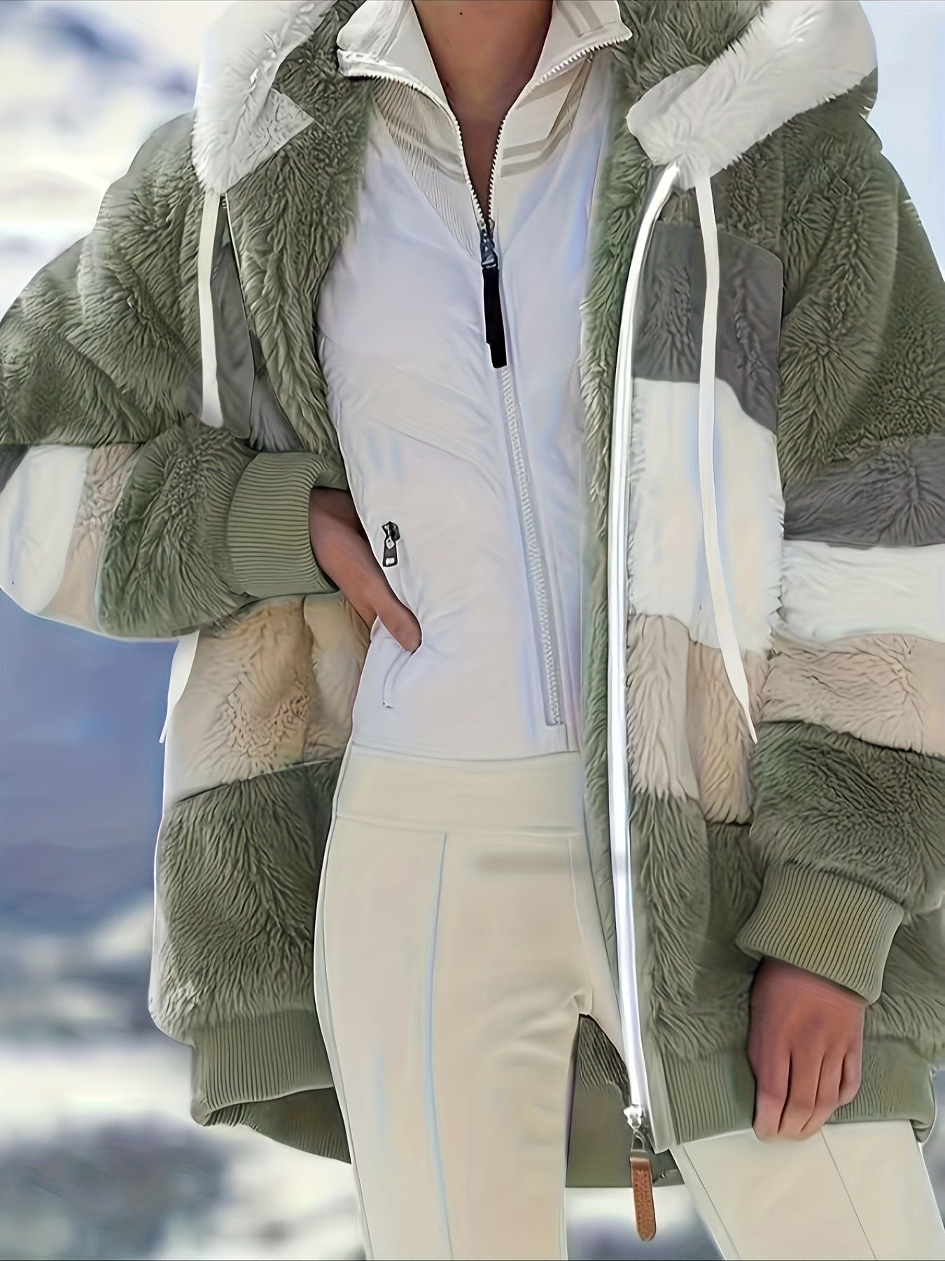 Color Block Fuzzy Fall & Winter Jacket, Casual Zip Up Hooded Long Sleeve Outerwear, Women's Clothing - Renee Lane Company
