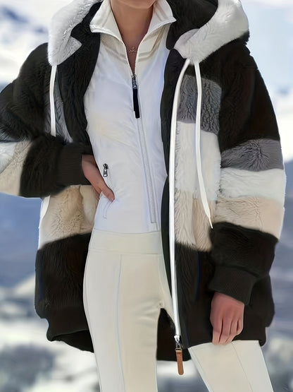 Color Block Fuzzy Fall & Winter Jacket, Casual Zip Up Hooded Long Sleeve Outerwear, Women's Clothing - Renee Lane Company