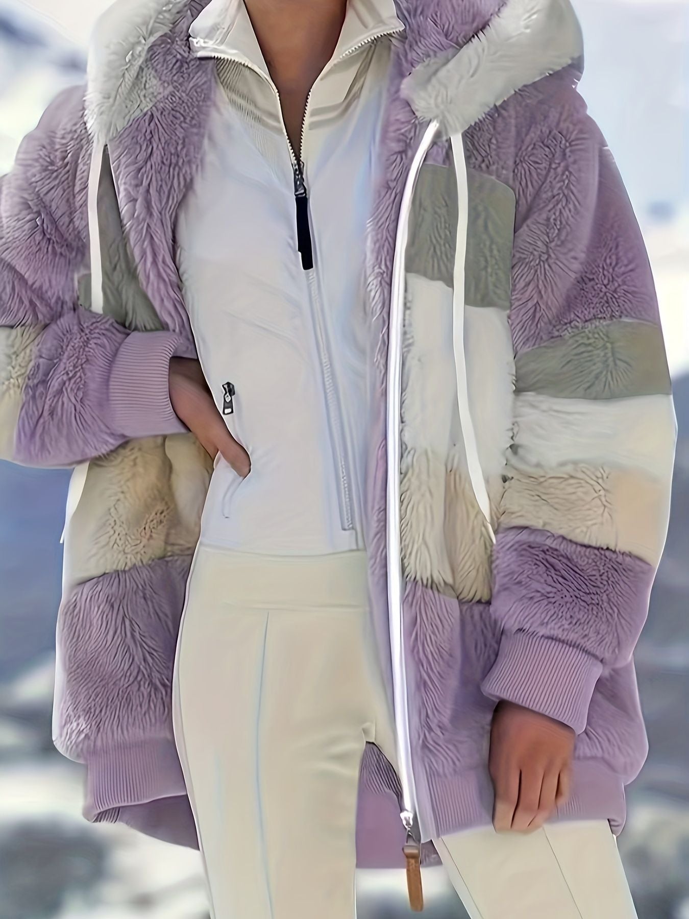 Color Block Fuzzy Fall & Winter Jacket, Casual Zip Up Hooded Long Sleeve Outerwear, Women's Clothing - Renee Lane Company