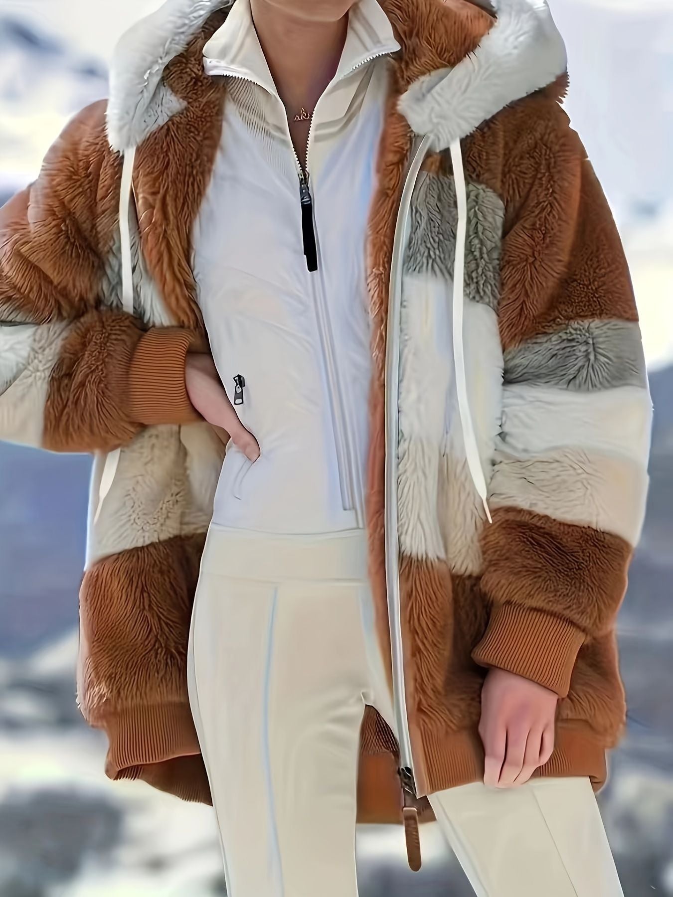 Color Block Fuzzy Fall & Winter Jacket, Casual Zip Up Hooded Long Sleeve Outerwear, Women's Clothing - Renee Lane Company