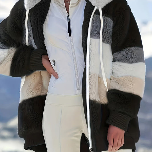 Color Block Fuzzy Hooded Coat, Casual Long Sleeve Winter Warm Outerwear, Women's Clothing - Renee Lane Company