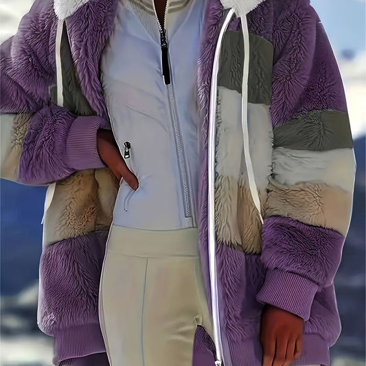 Color Block Fuzzy Hooded Coat, Casual Long Sleeve Winter Warm Outerwear, Women's Clothing - Renee Lane Company