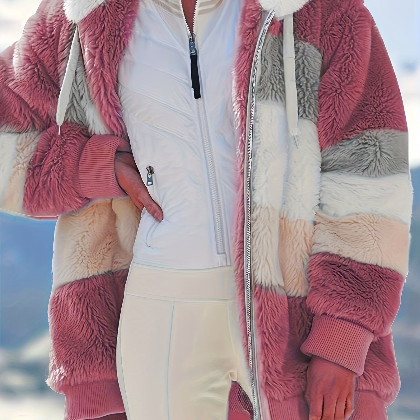 Color Block Fuzzy Hooded Coat, Casual Long Sleeve Winter Warm Outerwear, Women's Clothing - Renee Lane Company