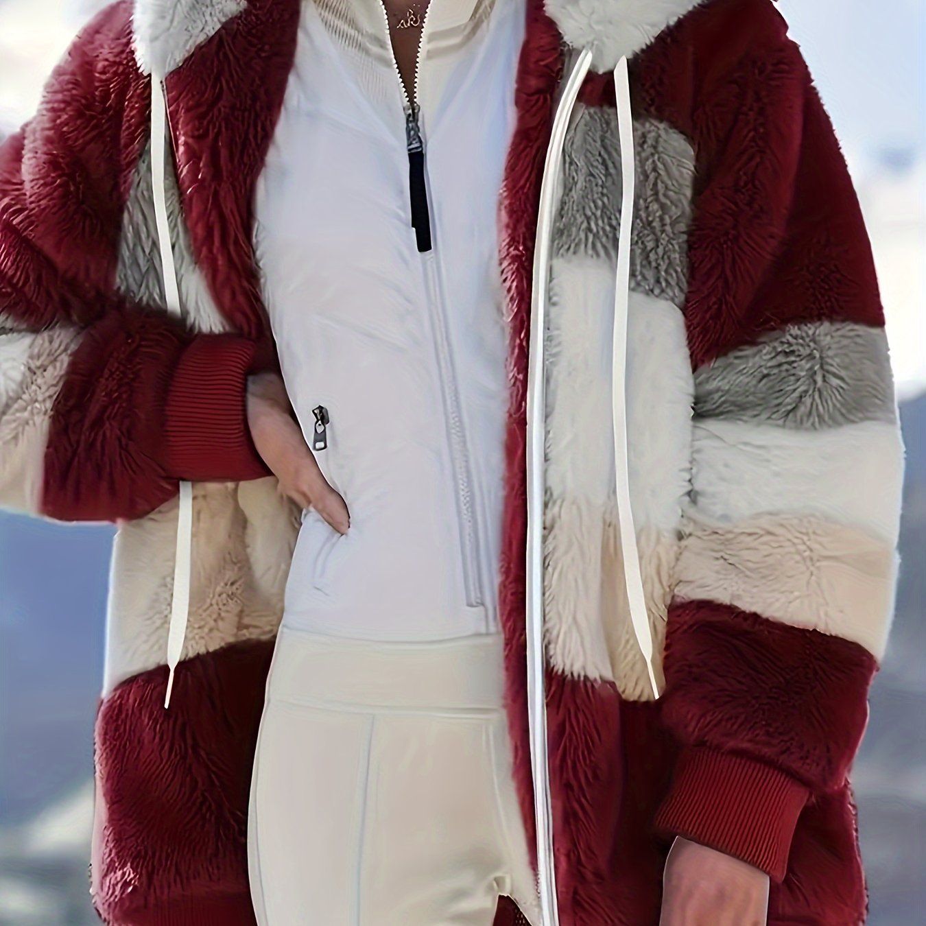 Color Block Fuzzy Hooded Coat, Casual Long Sleeve Winter Warm Outerwear, Women's Clothing - Renee Lane Company