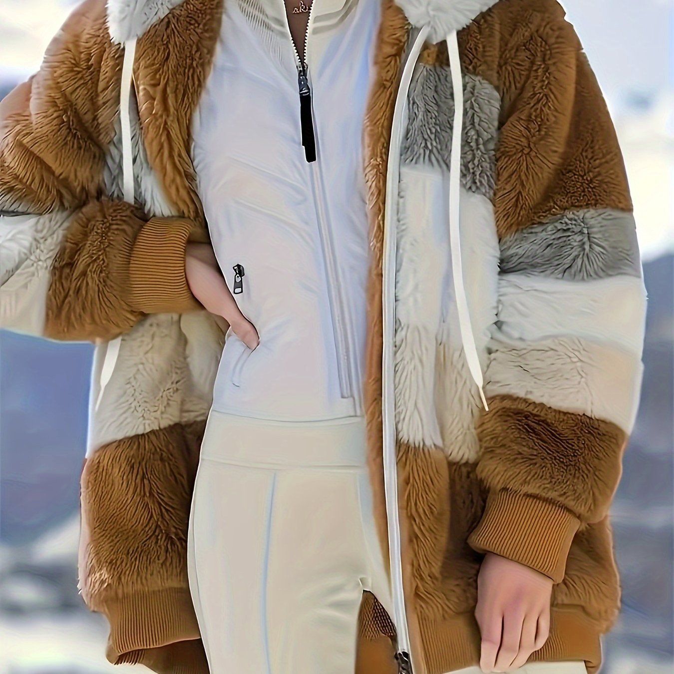 Color Block Fuzzy Hooded Coat, Casual Long Sleeve Winter Warm Outerwear, Women's Clothing - Renee Lane Company