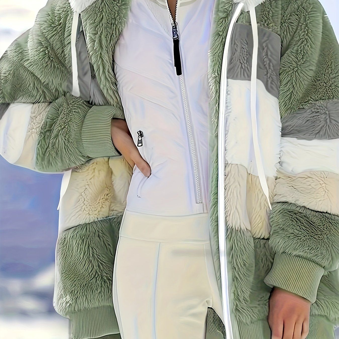 Color Block Fuzzy Hooded Coat, Casual Long Sleeve Winter Warm Outerwear, Women's Clothing - Renee Lane Company