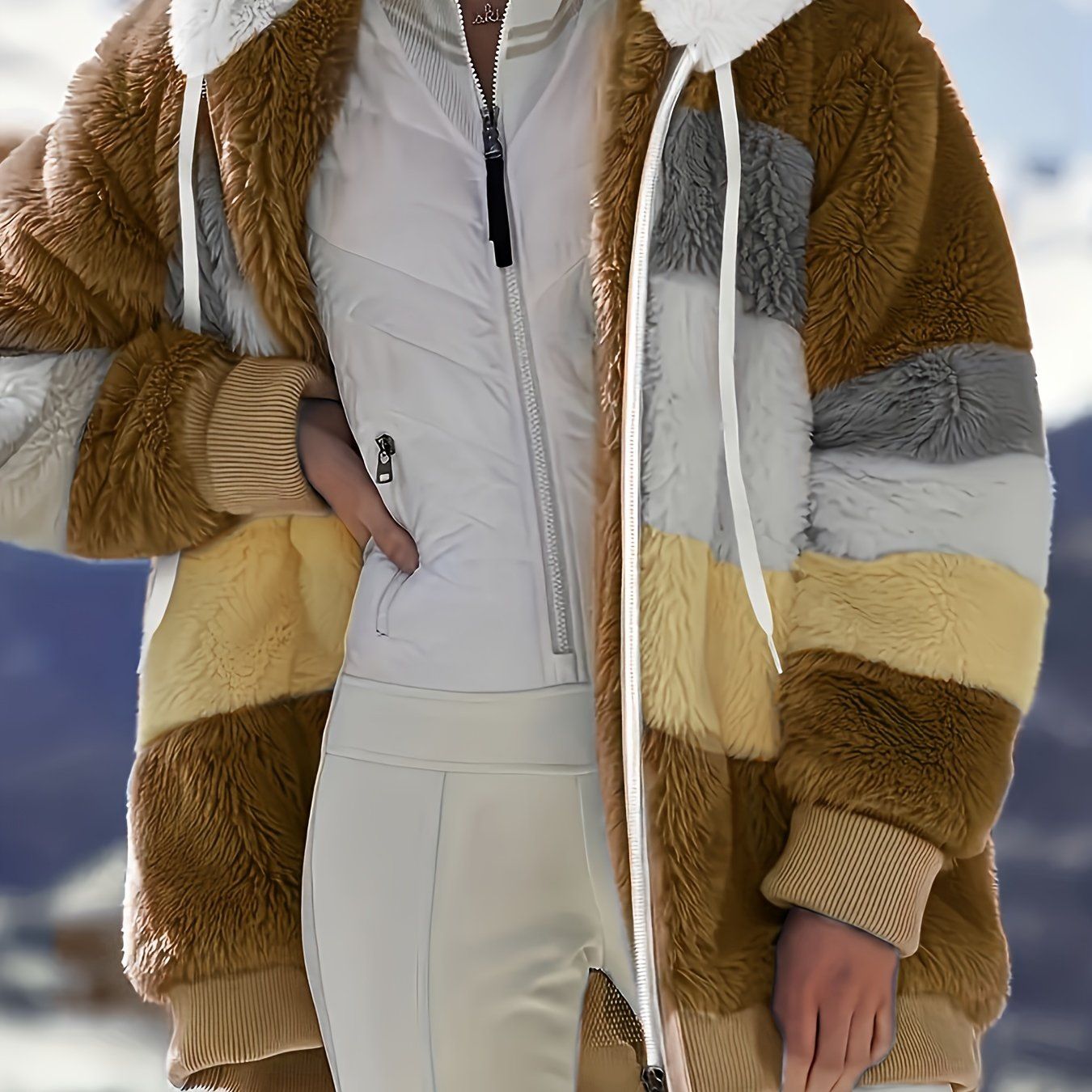 Color Block Fuzzy Hooded Coat, Casual Long Sleeve Winter Warm Outerwear, Women's Clothing - Renee Lane Company