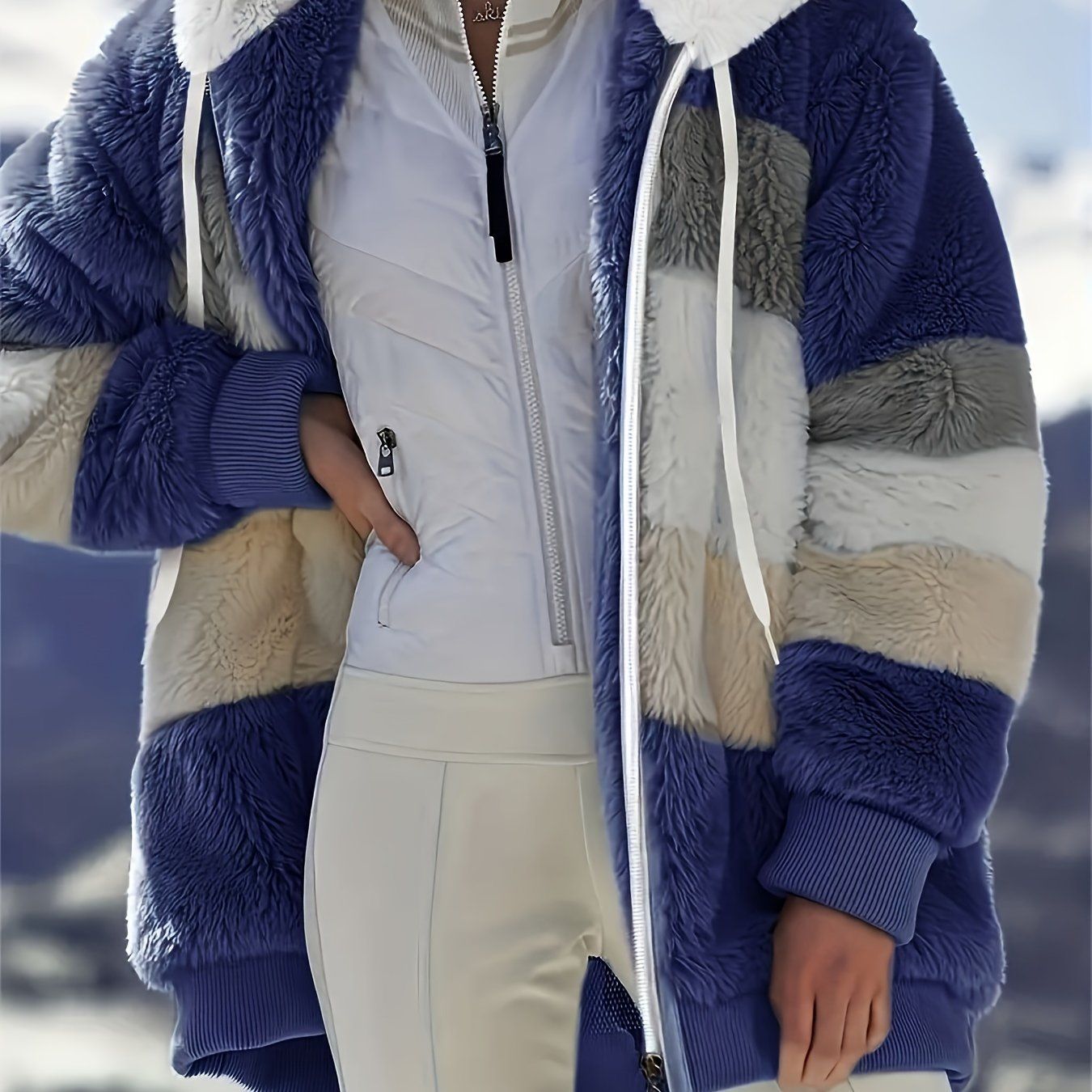 Color Block Fuzzy Hooded Coat, Casual Long Sleeve Winter Warm Outerwear, Women's Clothing - Renee Lane Company