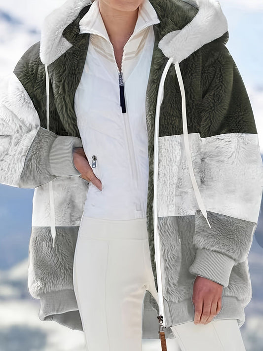 Color Block Hooded Teddy Coat, Casual Zip Up Long Sleeve Winter Warm Outerwear, Women's Clothing - Renee Lane Company