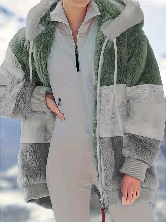 Color Block Hooded Teddy Coat, Casual Zip Up Long Sleeve Winter Warm Outerwear, Women's Clothing - Renee Lane Company
