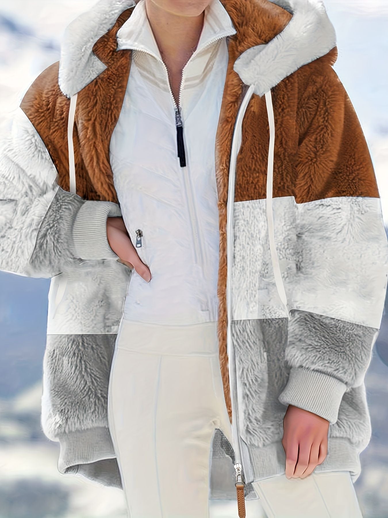 Color Block Hooded Teddy Coat, Casual Zip Up Long Sleeve Winter Warm Outerwear, Women's Clothing - Renee Lane Company