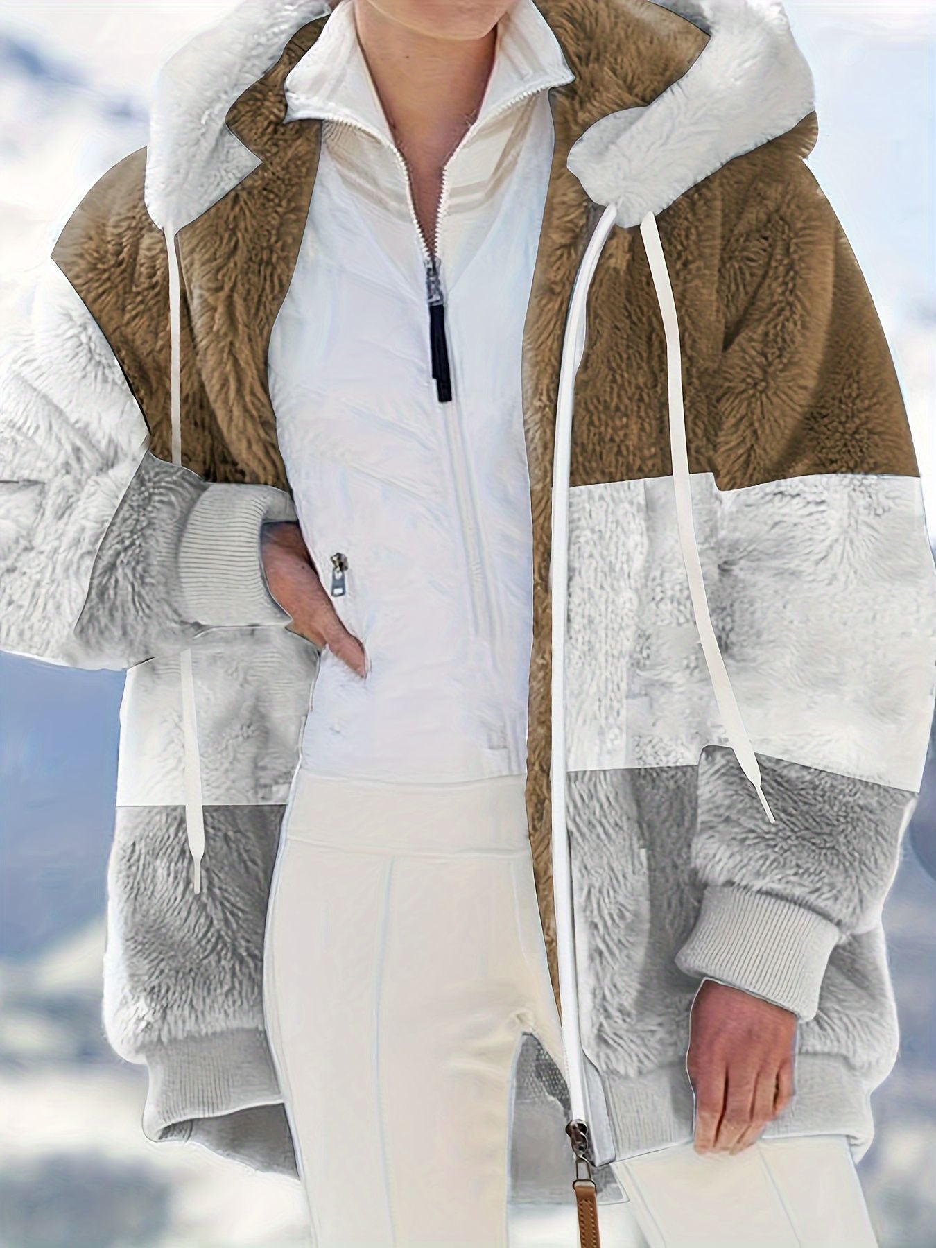 Color Block Hooded Teddy Coat, Casual Zip Up Long Sleeve Winter Warm Outerwear, Women's Clothing - Renee Lane Company