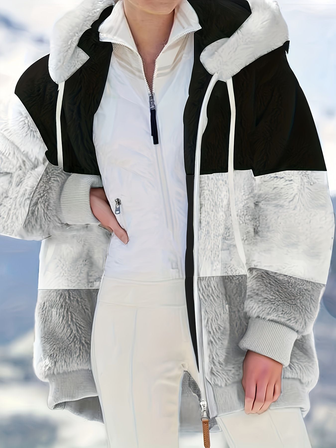 Color Block Hooded Teddy Coat, Casual Zip Up Long Sleeve Winter Warm Outerwear, Women's Clothing - Renee Lane Company